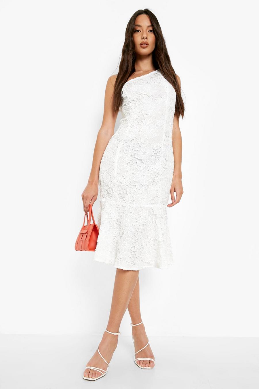 White Asymmetric Lace Strappy Midi Dress image number 1