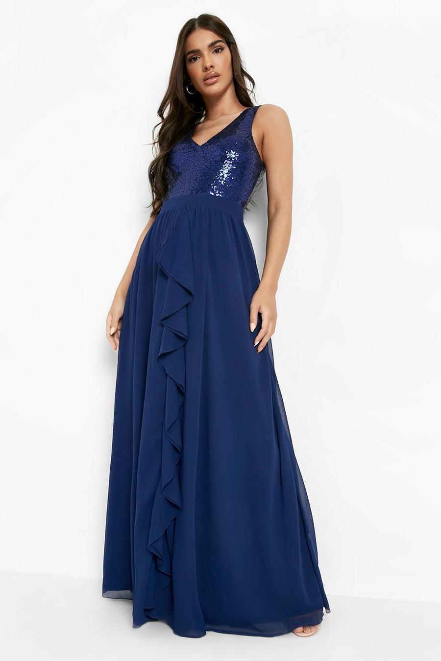 Navy Sequin Ruffle Plunge Maxi Dress image number 1