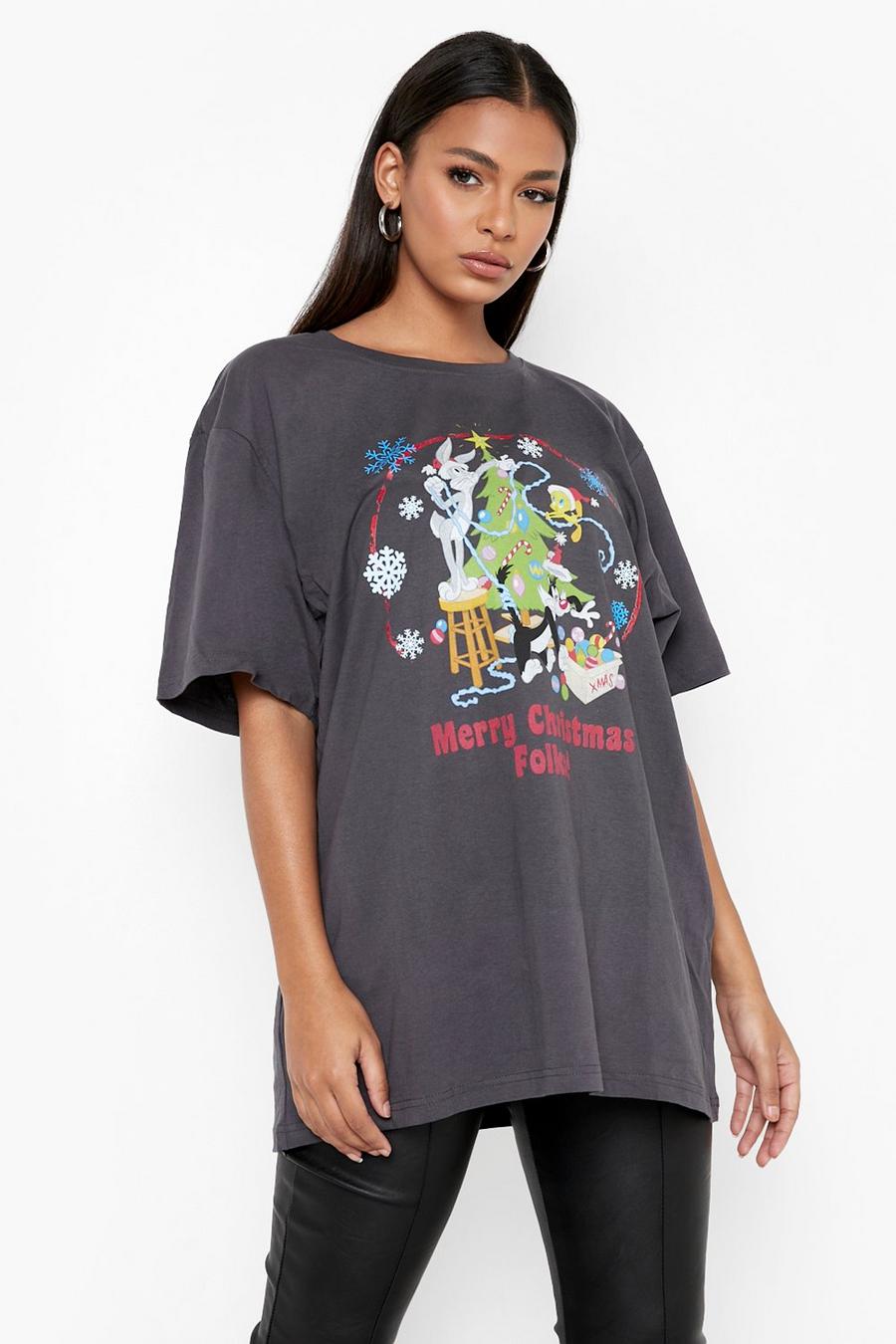 T-Shirt mit Printiertem Weihnachts Looney Tunes Print, Charcoal image number 1