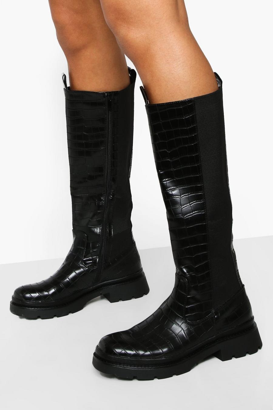 Black Croc Knee High Chunky Riding Boots image number 1