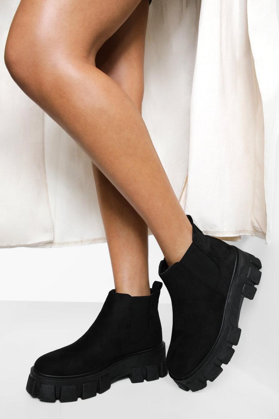 Black Wide Fit Chunky Cleated Sole Chelsea Boots image number 1