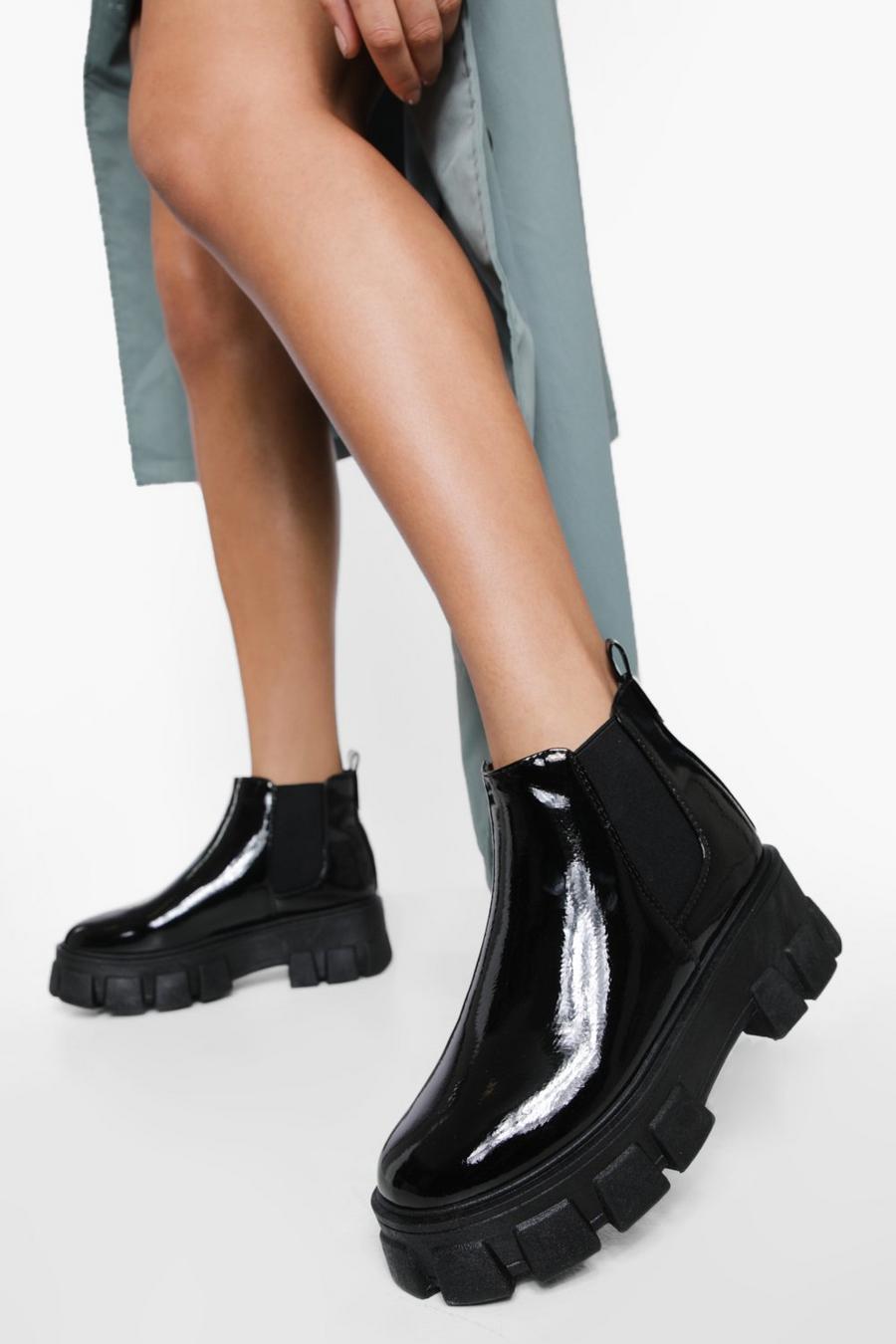 Black Chunky Cleated Sole Patent Chelsea Boots image number 1