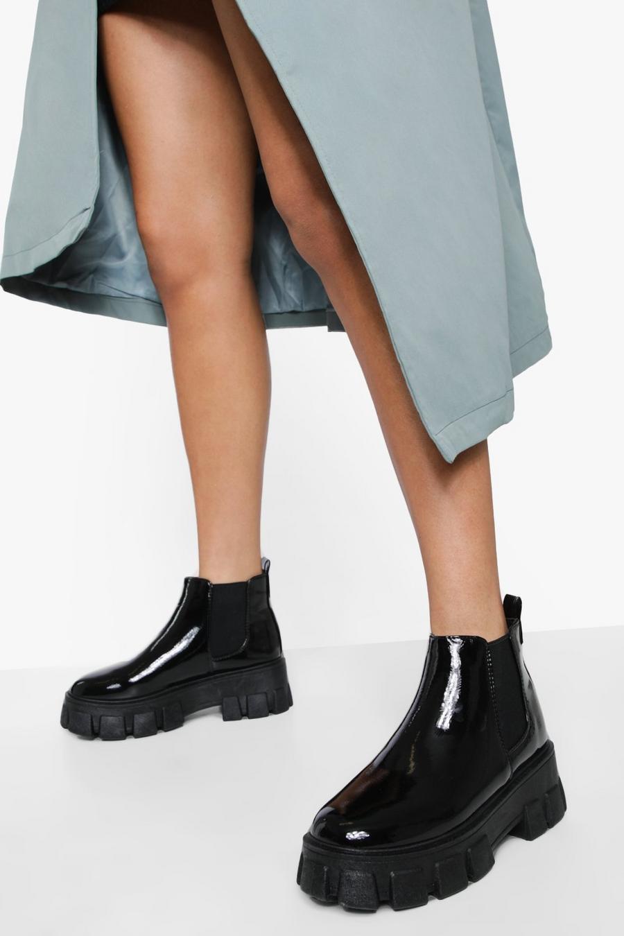 Black Wide Width Chunky Cleated Patent Chelsea Boots