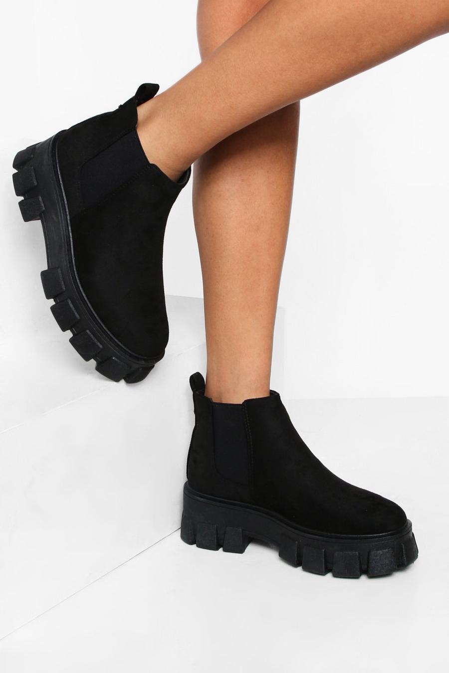 Black Chunky Cleated Sole Ankle Chelsea Boots image number 1