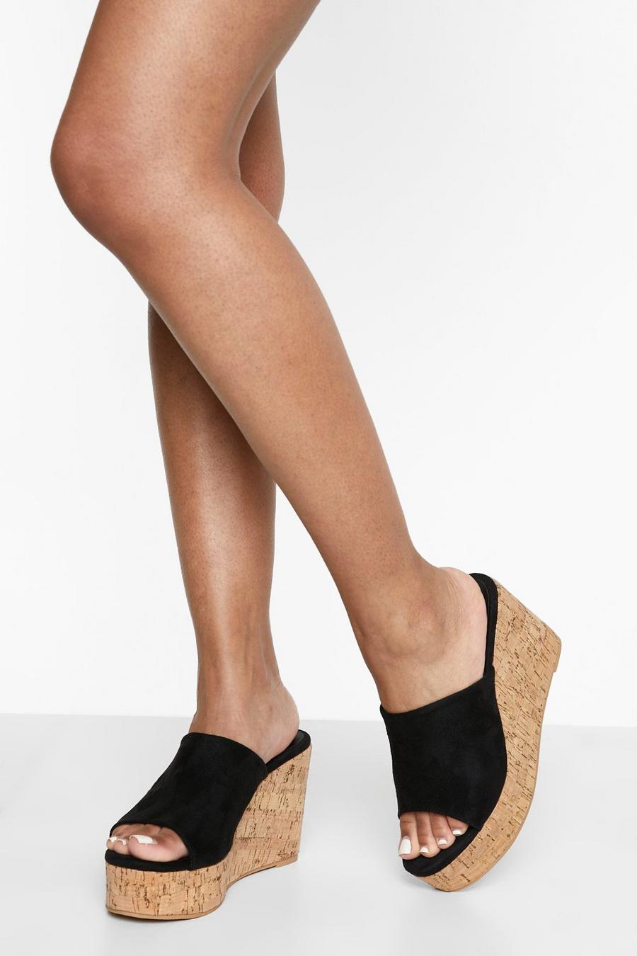 Sandalen mit Kork-Kleilabsatz, Black noir