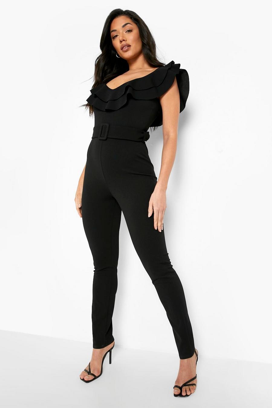 Black Double Ruffle Belted Jumpsuit image number 1