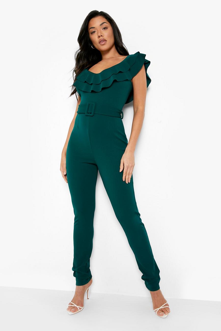 Bottle green Double Ruffle Belted Jumpsuit image number 1