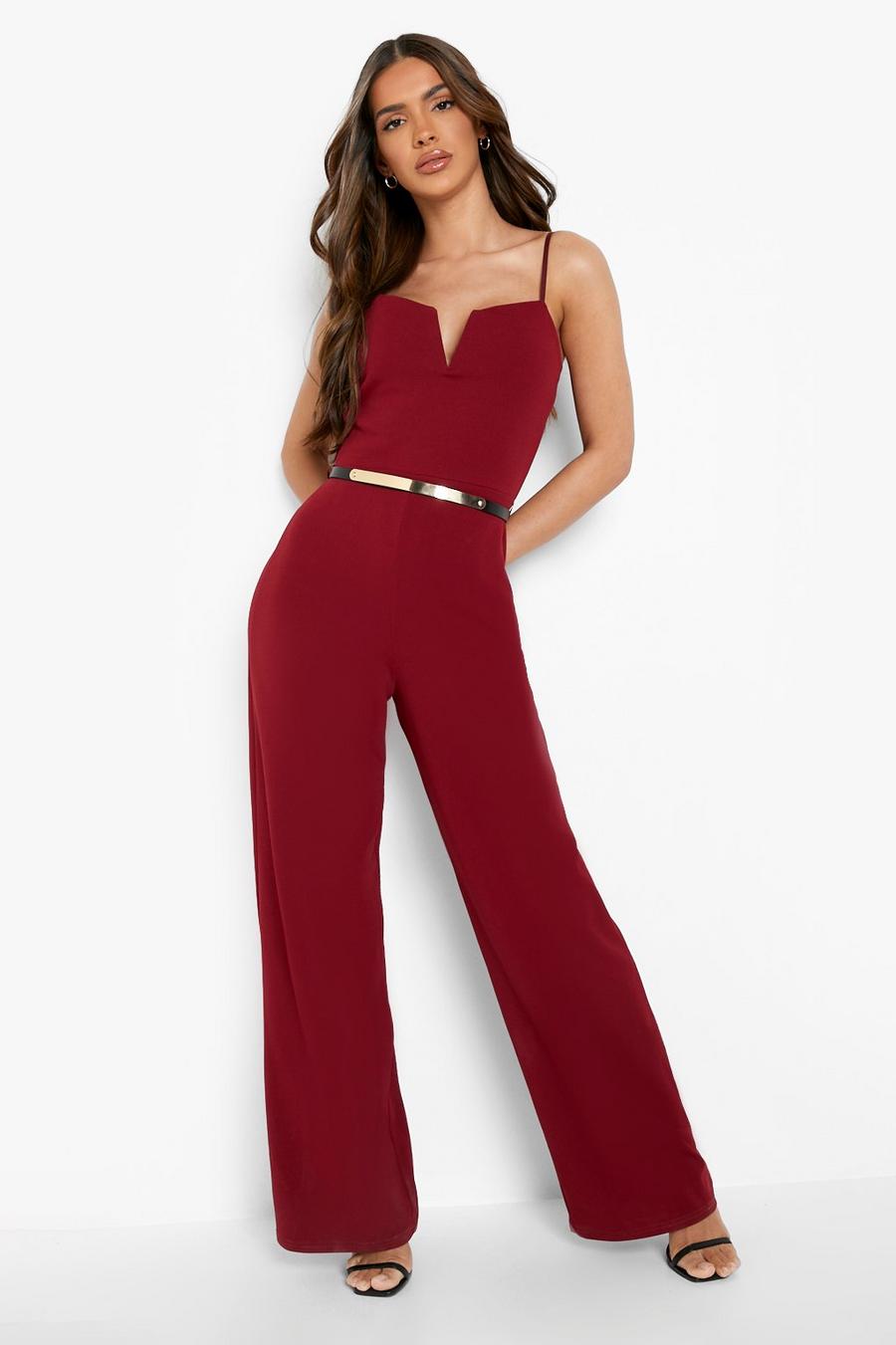 Berry red Plunge Belted Wide Leg Jumpsuit