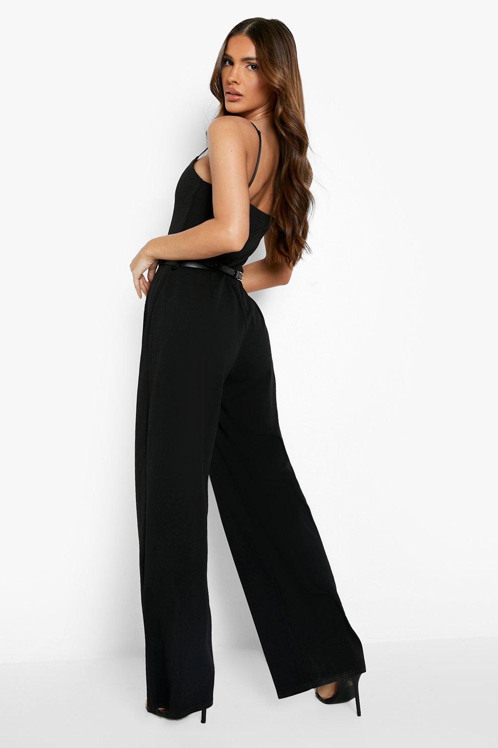 Women's Plunge Belted Wide Leg Jumpsuit