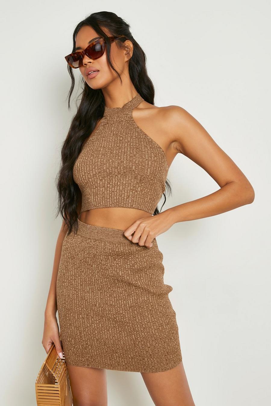 Brown Space Dye Halter Knitted Mini Two-Piece image number 1