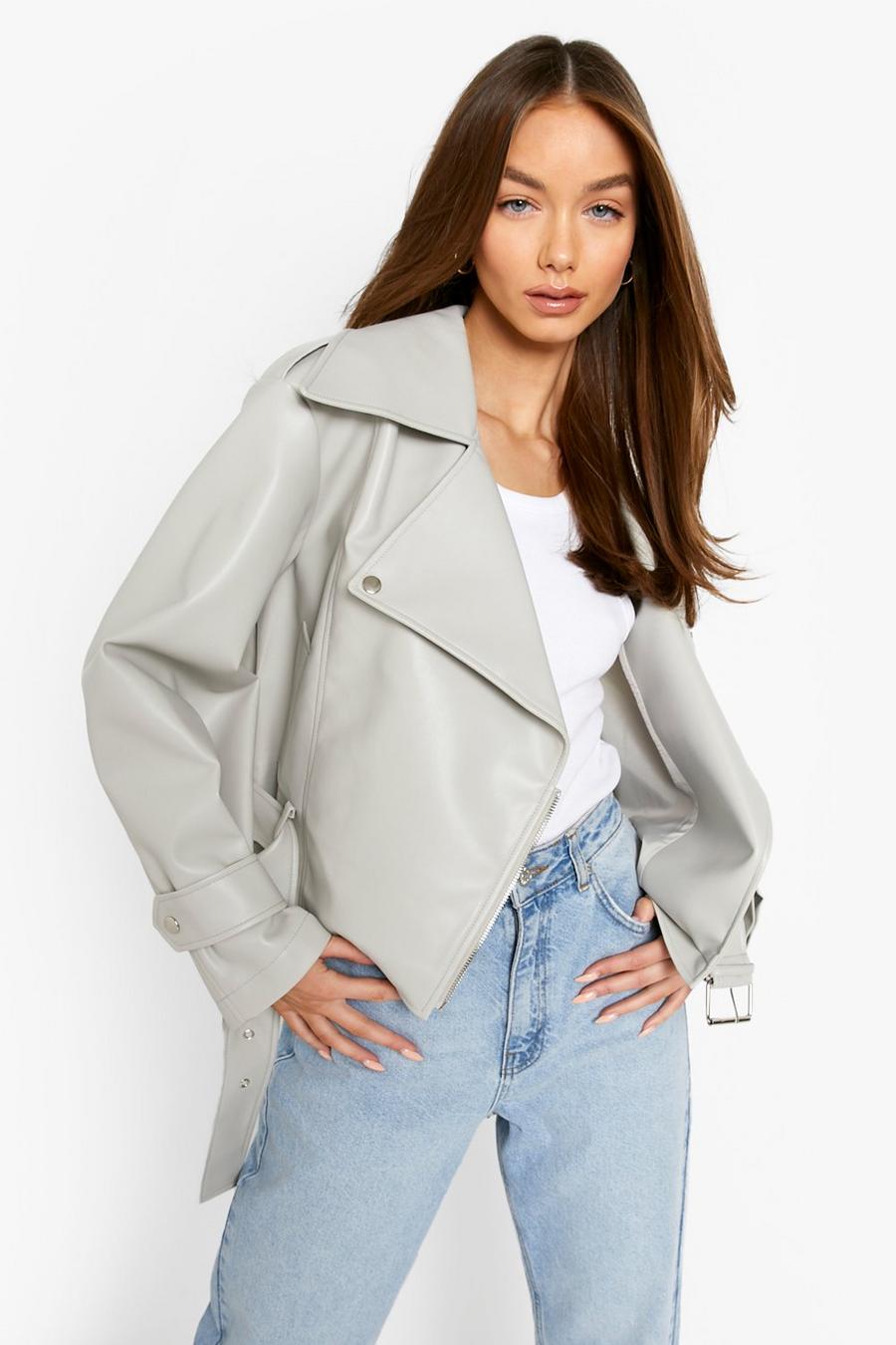 Ash grey Balloon Sleeve Faux Leather Jacket image number 1