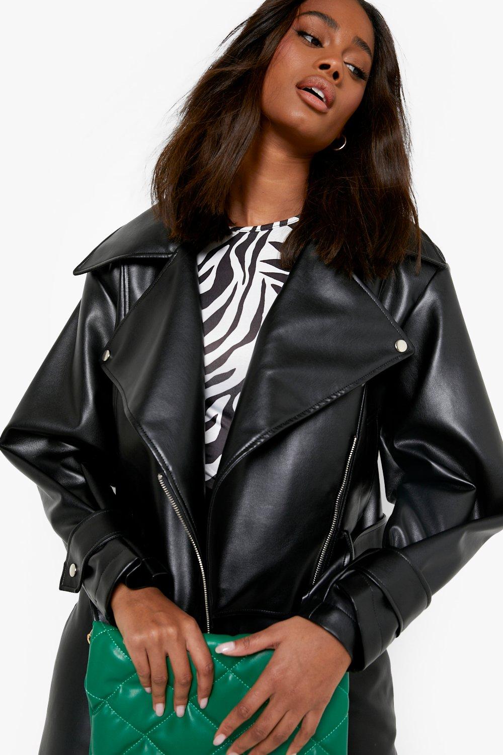 Black leather jacket clearance boohoo