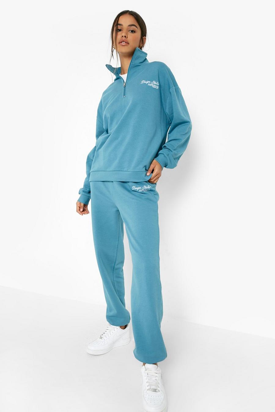 Blue Half Zip Embroidered Sweater Tracksuit image number 1