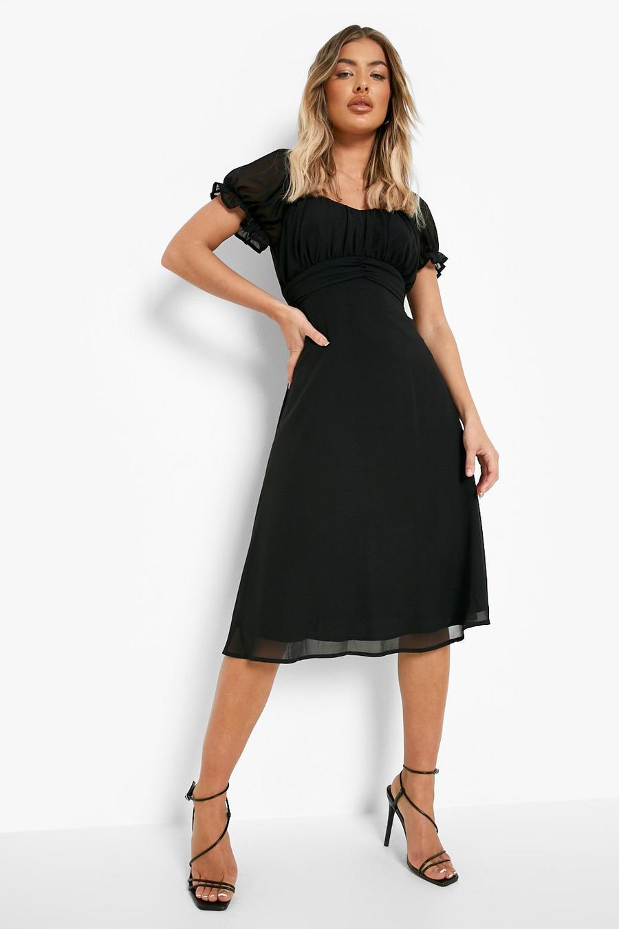 Black Puff Sleeve Belted Midi Dress image number 1