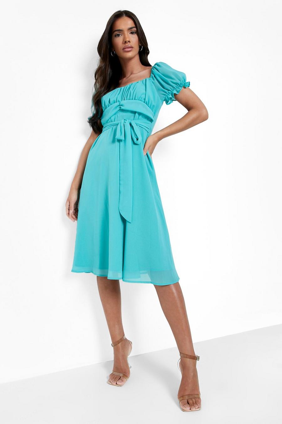 Mint Puff Sleeve Belted Midi Dress image number 1