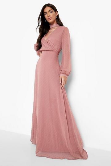 Rose Pink Dobby Wrap Long Sleeve Maxi Dress