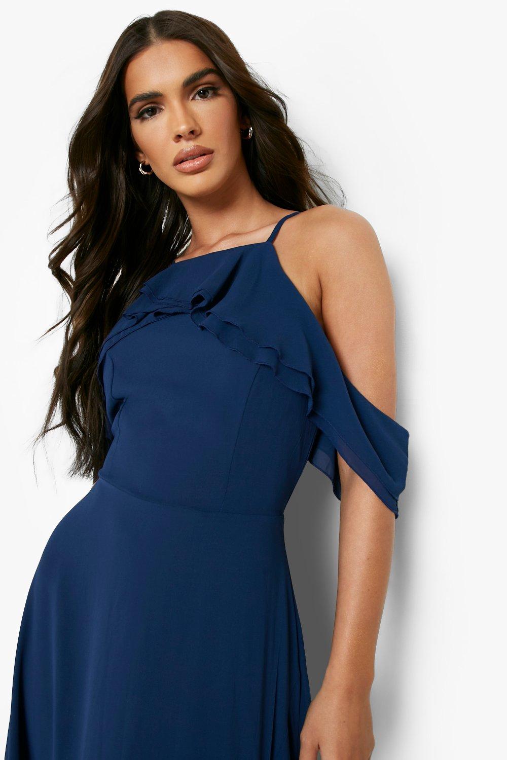 Berrylush Women Solid Blue Cold Shoulder Wrap Maxi Dress