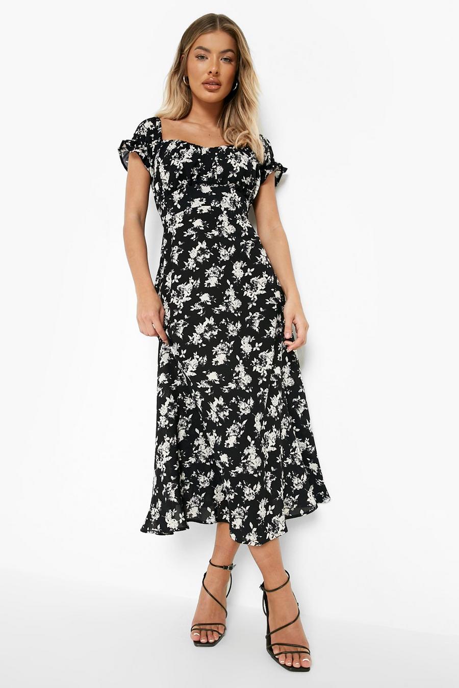 Black Floral Bardot Midaxi Dress