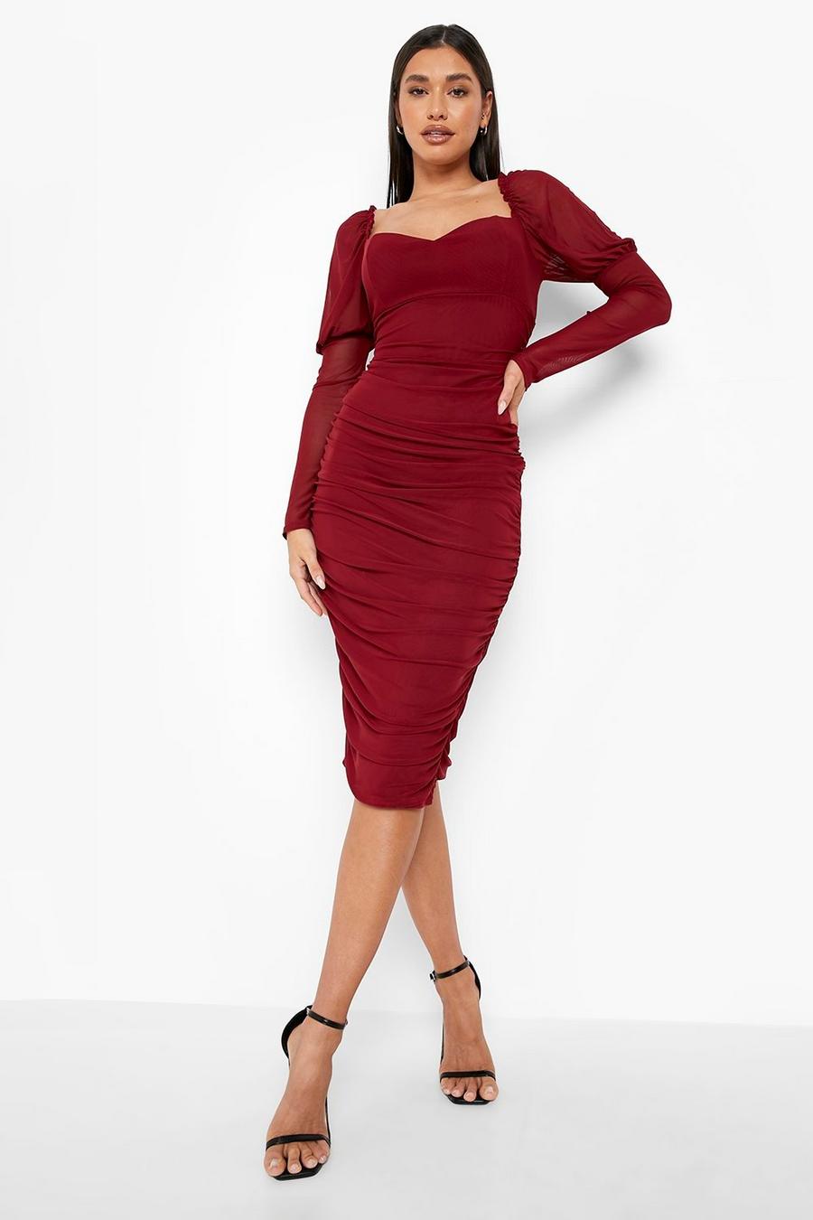 Berry Mesh Square Neck Ruched Midi Dress image number 1