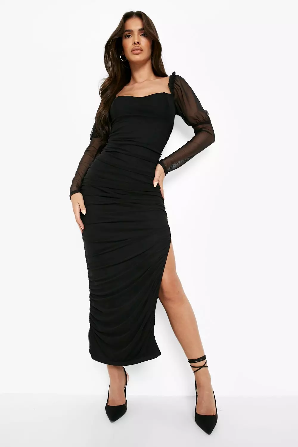 Shape black mesh shop ruched bardot midi dress