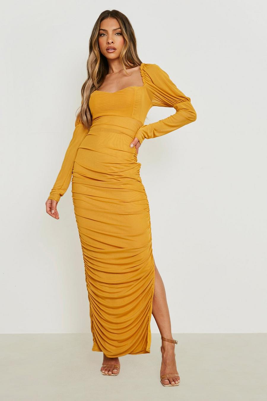 Mustard yellow Mesh Square Neck Ruched Maxi Dress