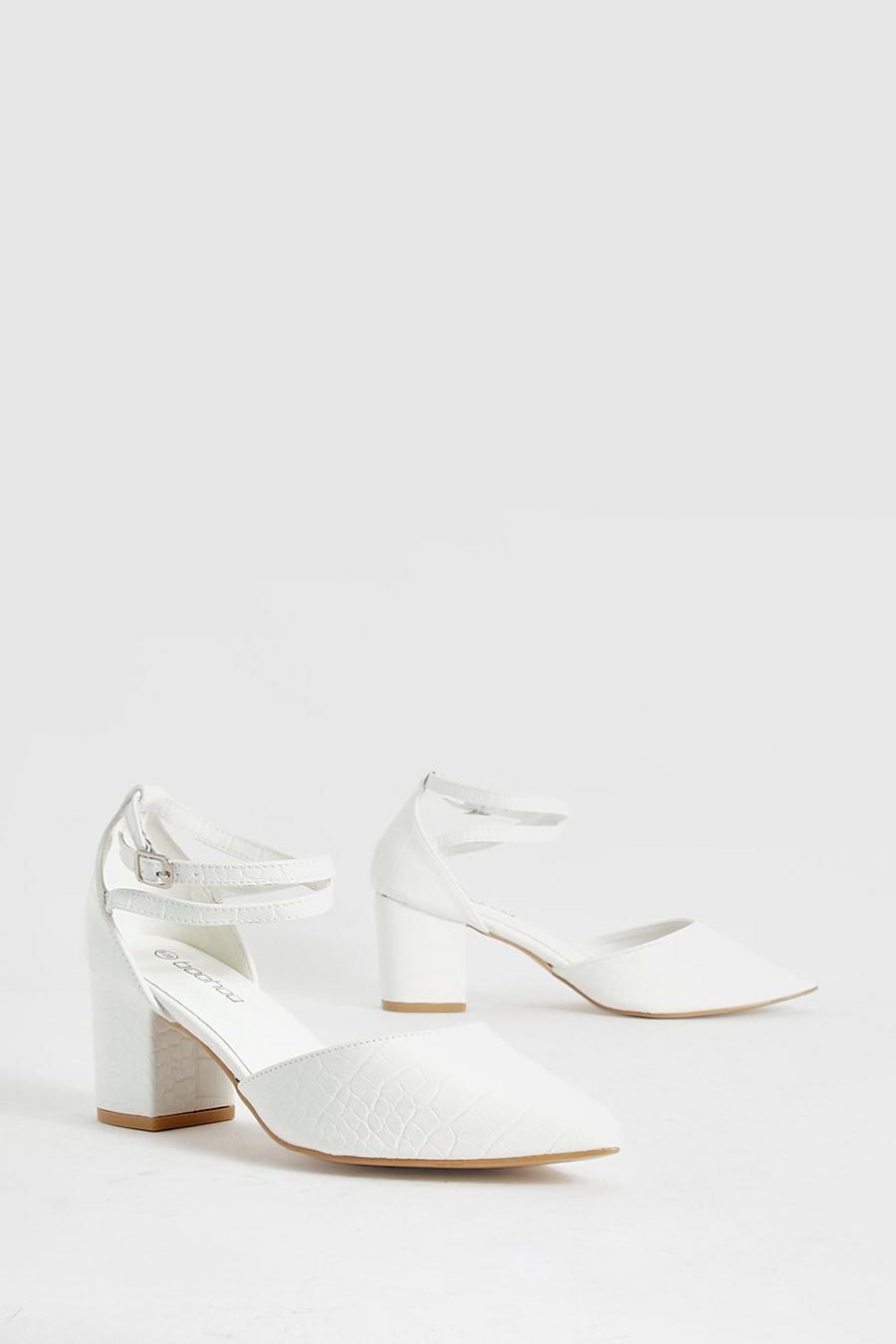 Sandales pointues effet croco à talon carré, White blanc