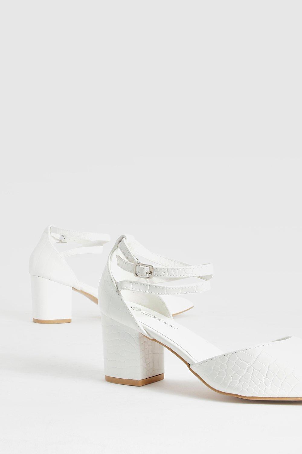 White pointed store toe block heels