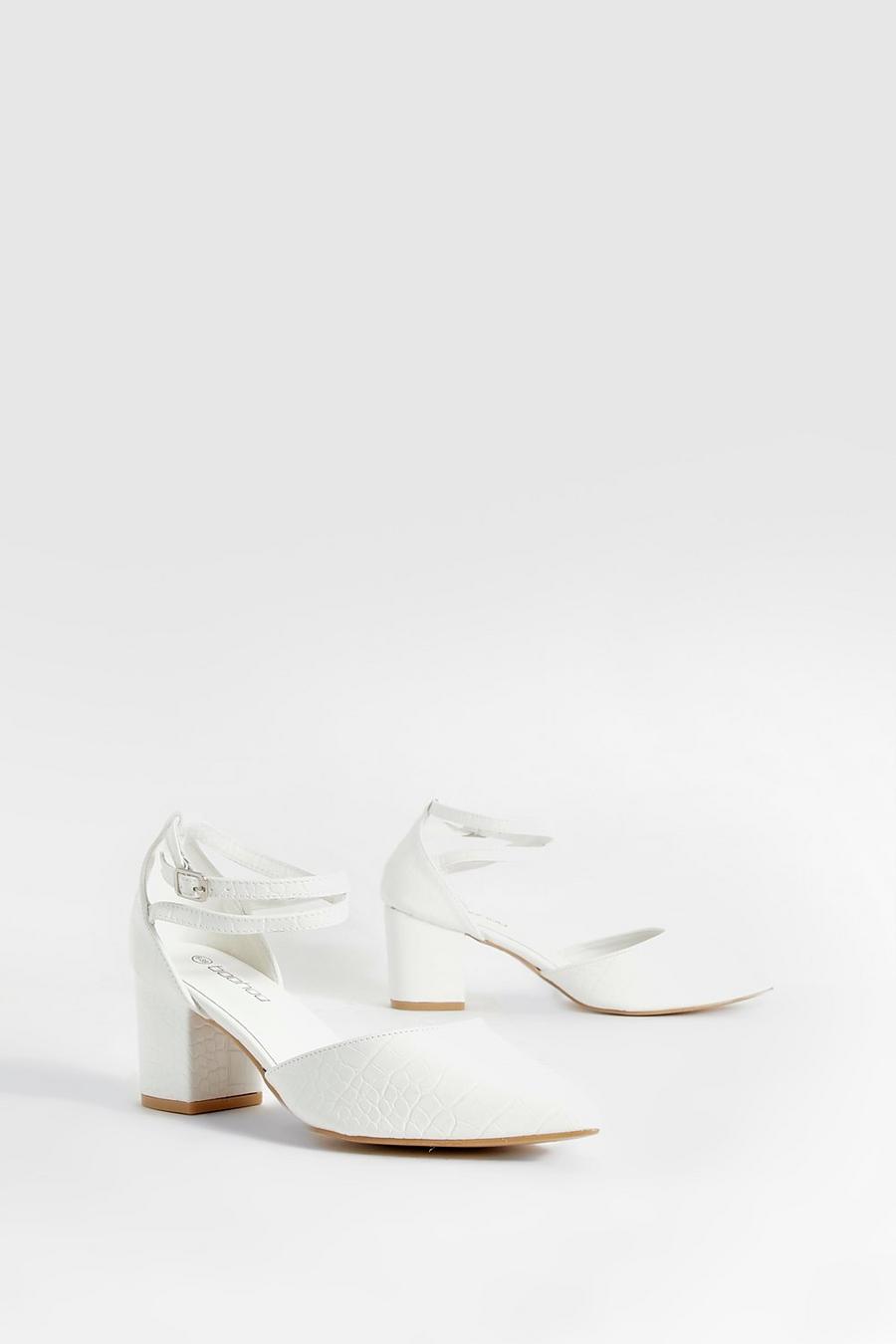 Sandales pointues effet croco à talon carré et brides - Pointure large, White blanc