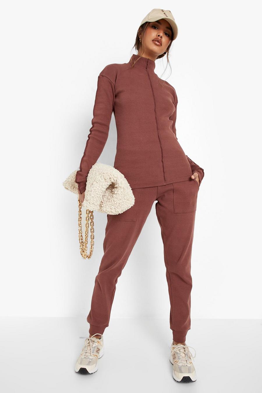 Chocolate brown Funnel Neck Rib Jogger Tracksuit image number 1