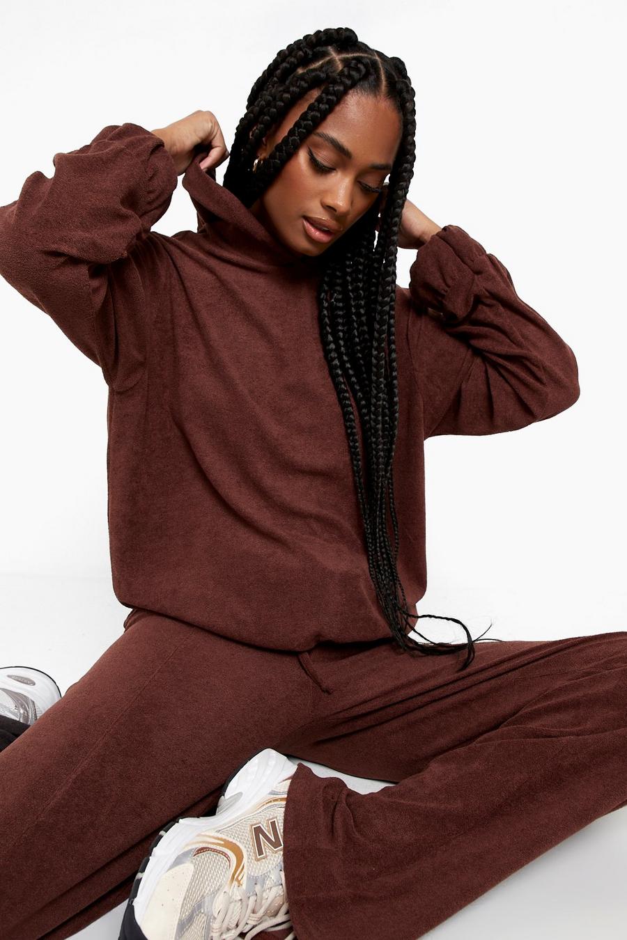 Chocolate Toweling Wide Leg Hooded Tracksuit image number 1