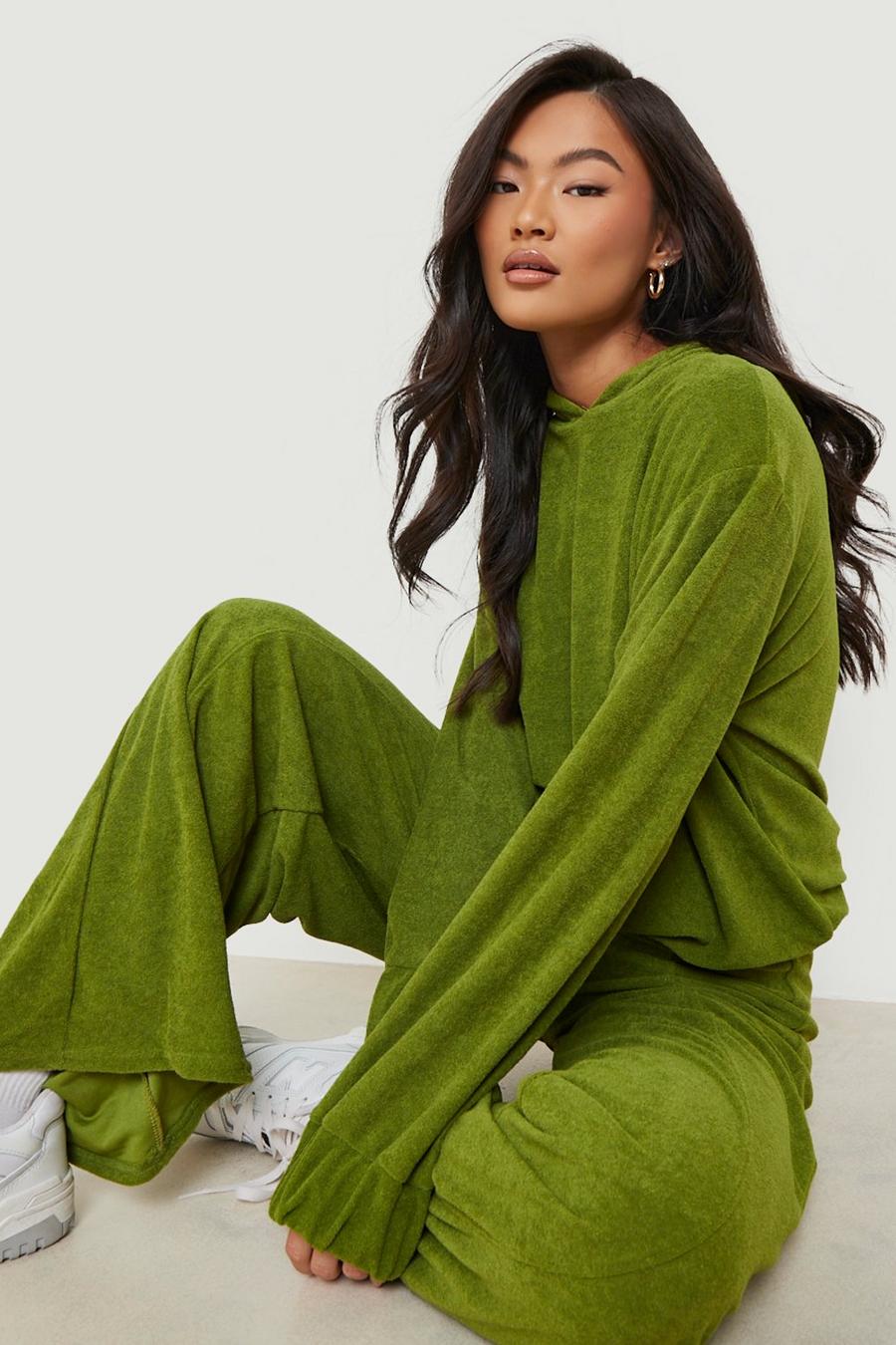 Green Towelling Wide Leg Hooded Tracksuit image number 1