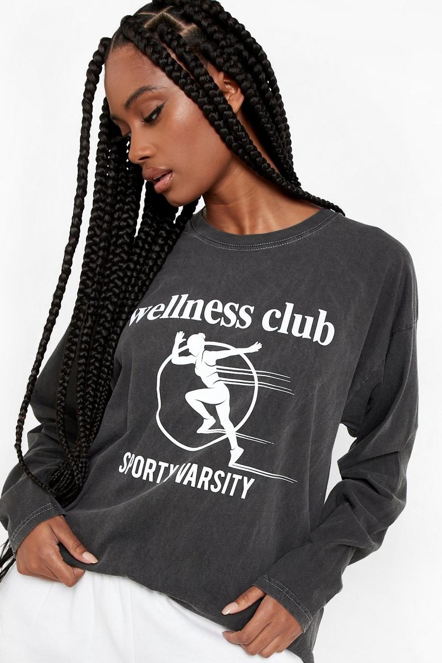 Camiseta oversize de manga larga con estampado de Wellness Club, Black image number 1