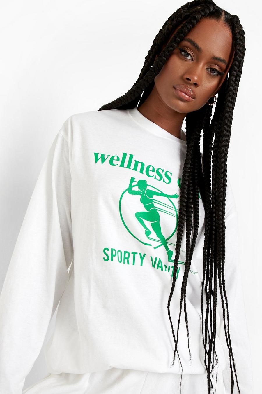 Langärmliges Oversize T-Shirt mit Wellness Club Print, White image number 1