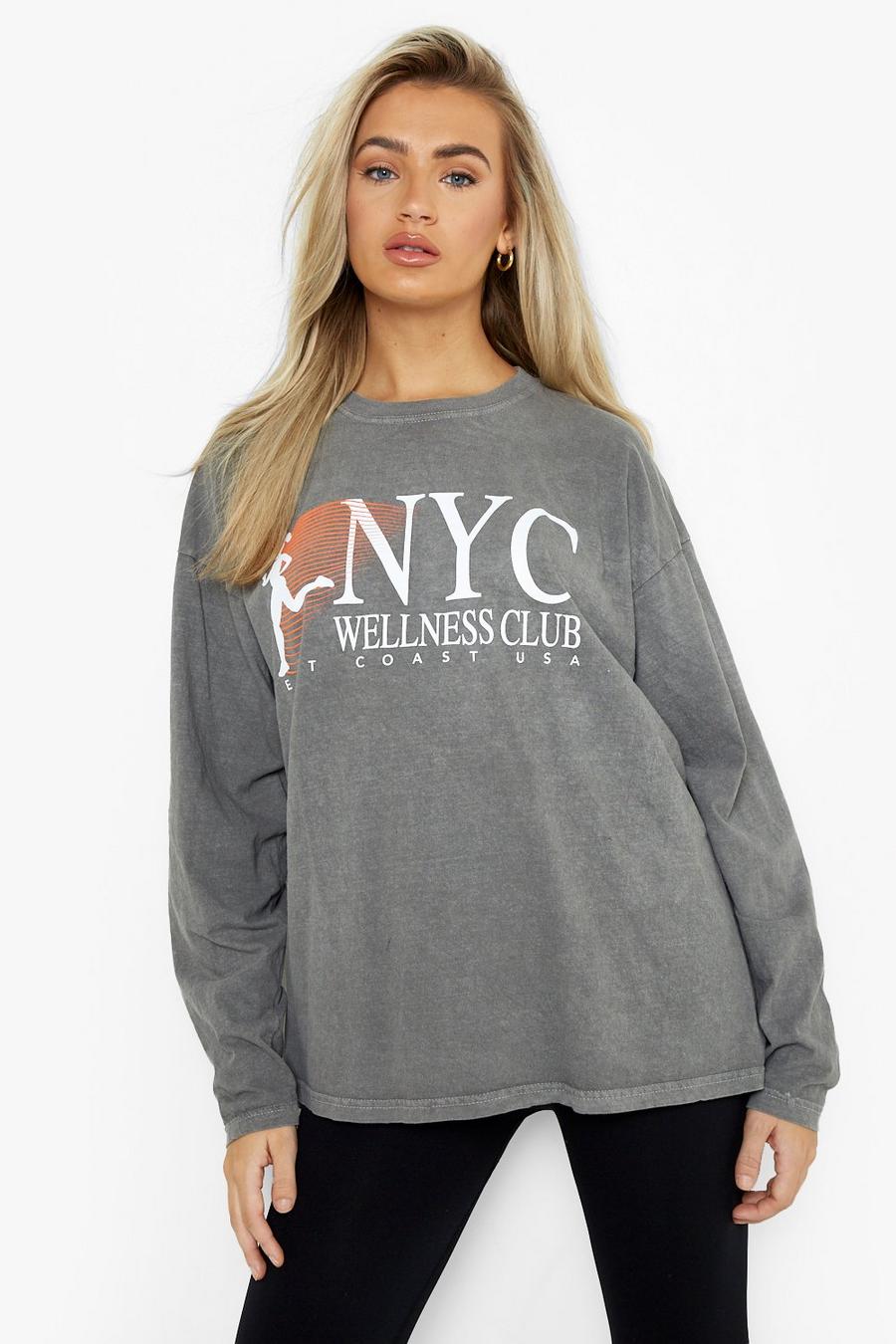 Camiseta oversize de manga larga con estampado de Wellness Club, Charcoal gris
