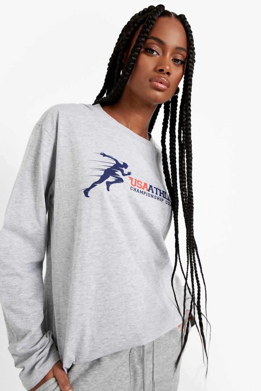 Camiseta oversize de manga larga con estampado Athletics, Grey marl gris