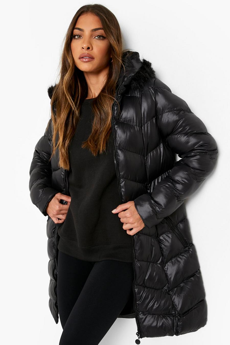 Black Longline Quilted Faux Fur Trim Puffer image number 1