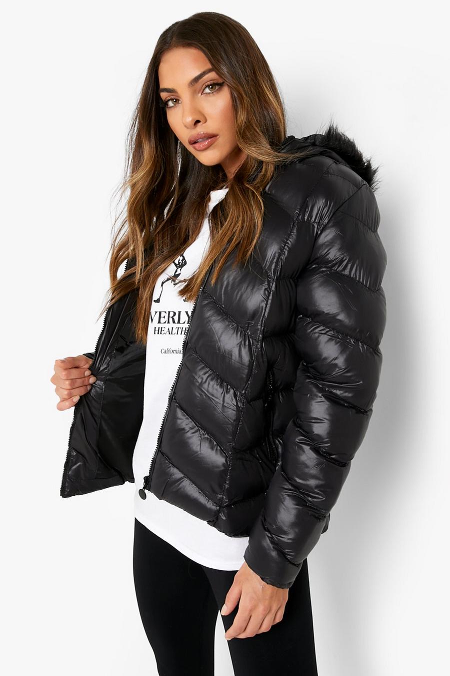 Black Quilted Faux Fur Trim Puffer image number 1
