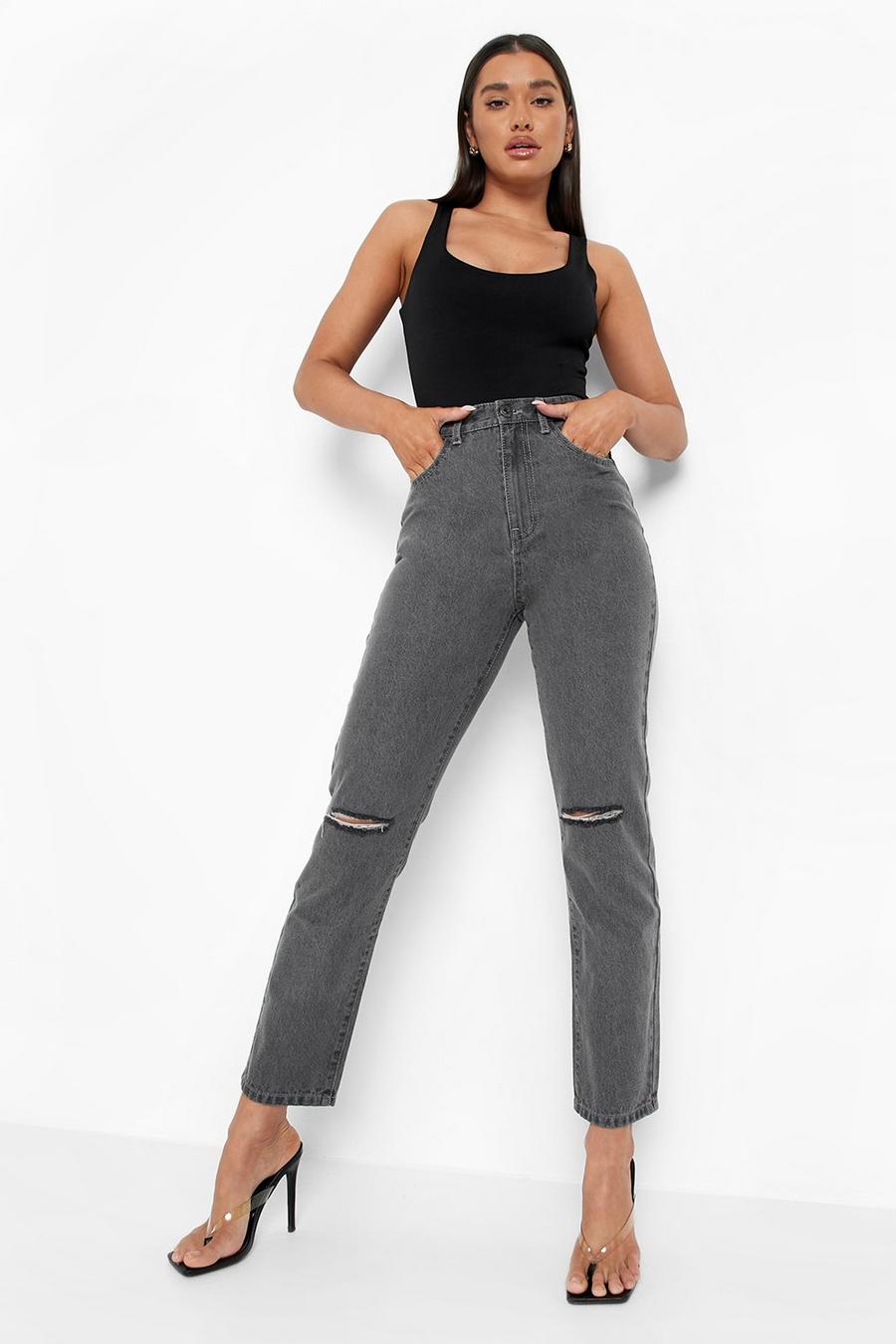 Grey grå Slitna jeans med raka ben och hög midja