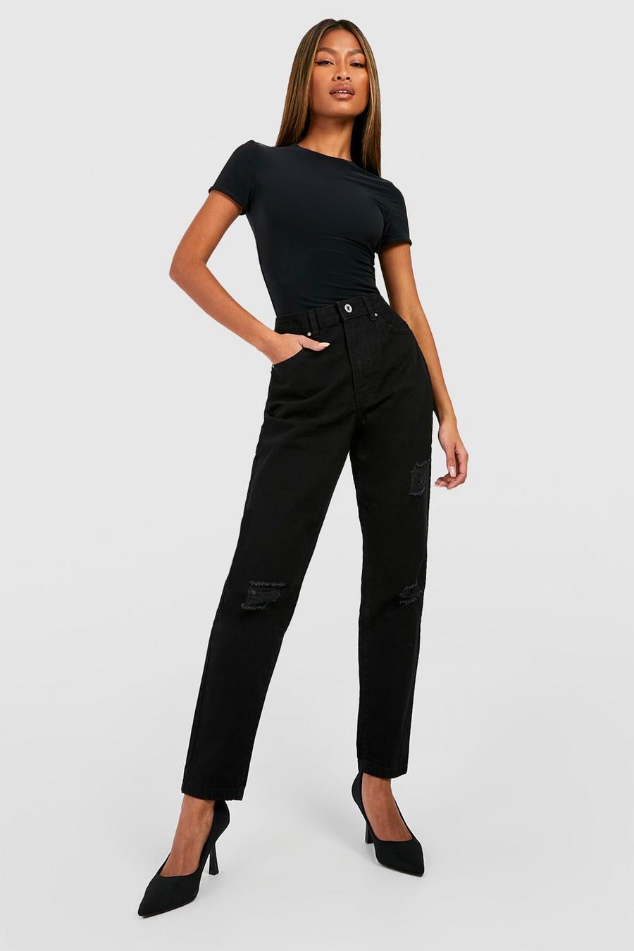 Zerrissene Basics Mom-Jeans mit mittelhohem Bund, Black image number 1