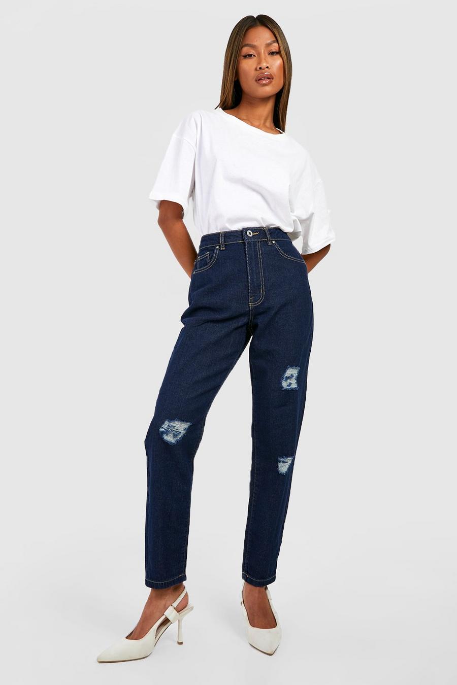 Jeans Mom Basics a vita media effetto smagliato, Indigo