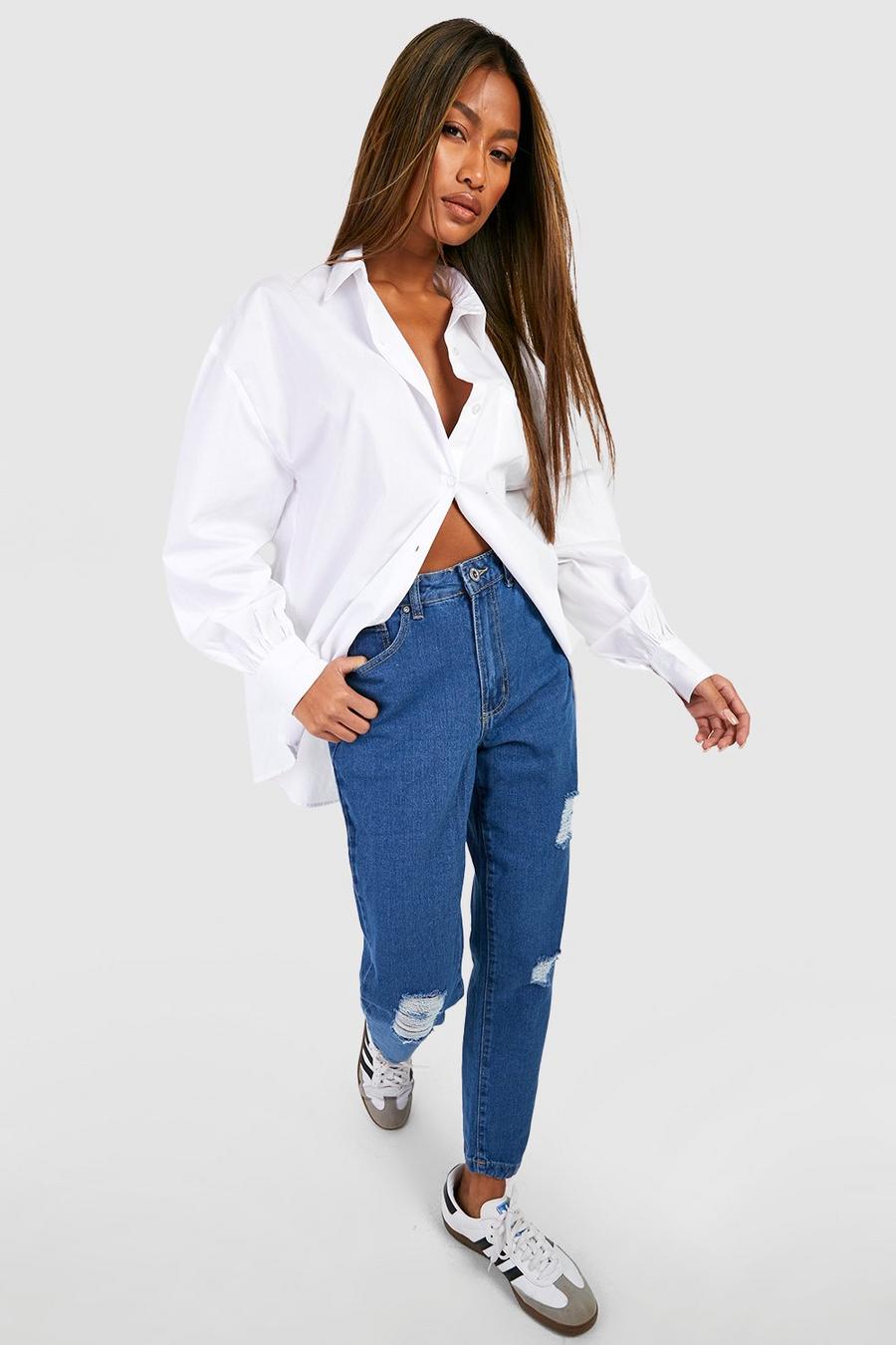 Zerrissene Basics Mom-Jeans mit mittelhohem Bund, Mid wash bleu