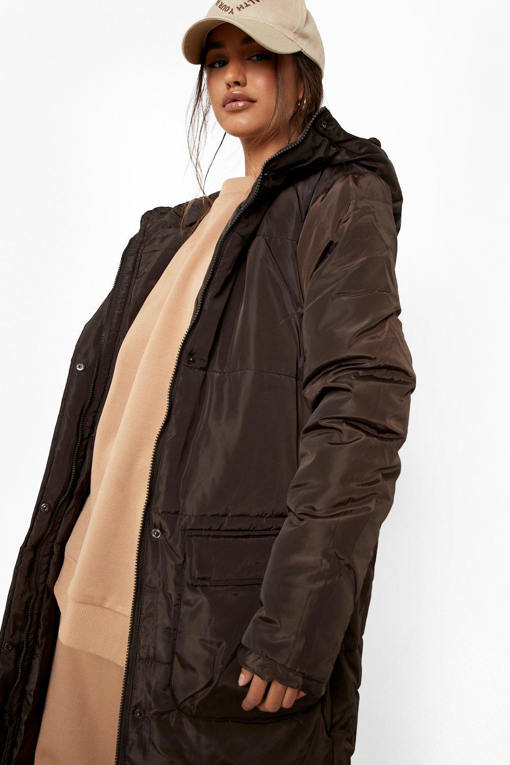 Black Duvet Longline Puffer Jacket, Womens Jackets