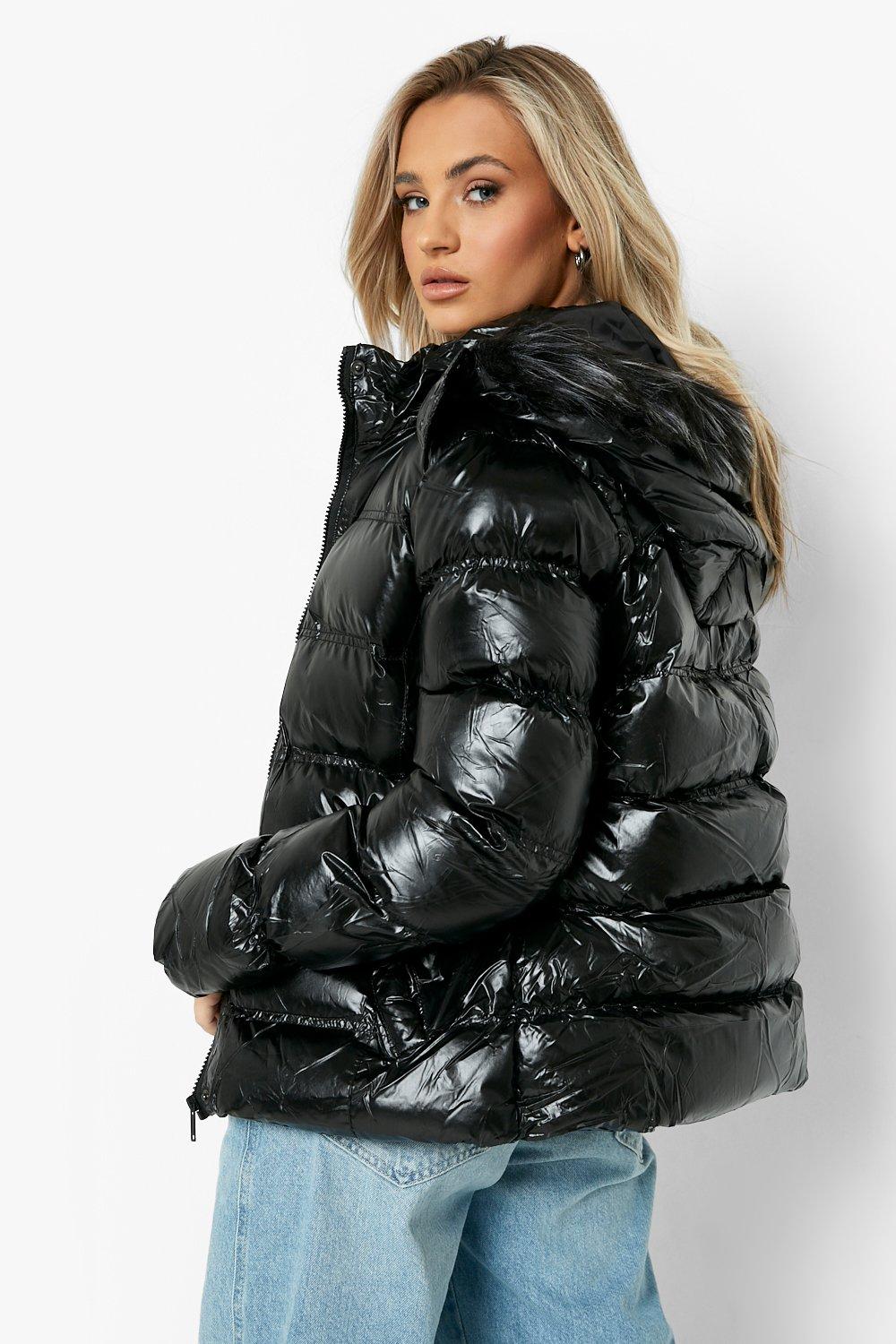 Black faux fur high shine puffer jacket hotsell