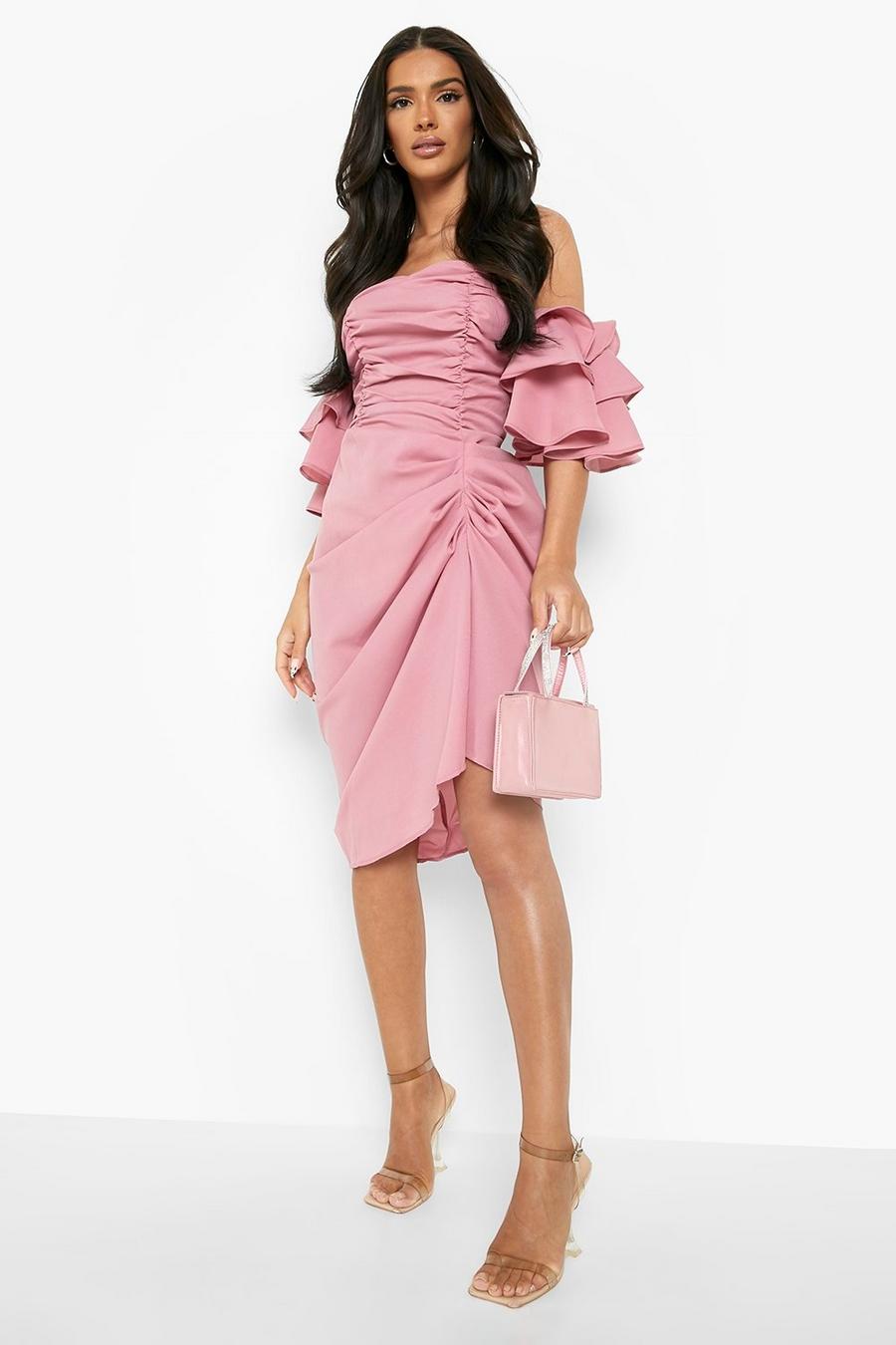 Rose pink Rouched Off The Shoulder Draped Midi Dress