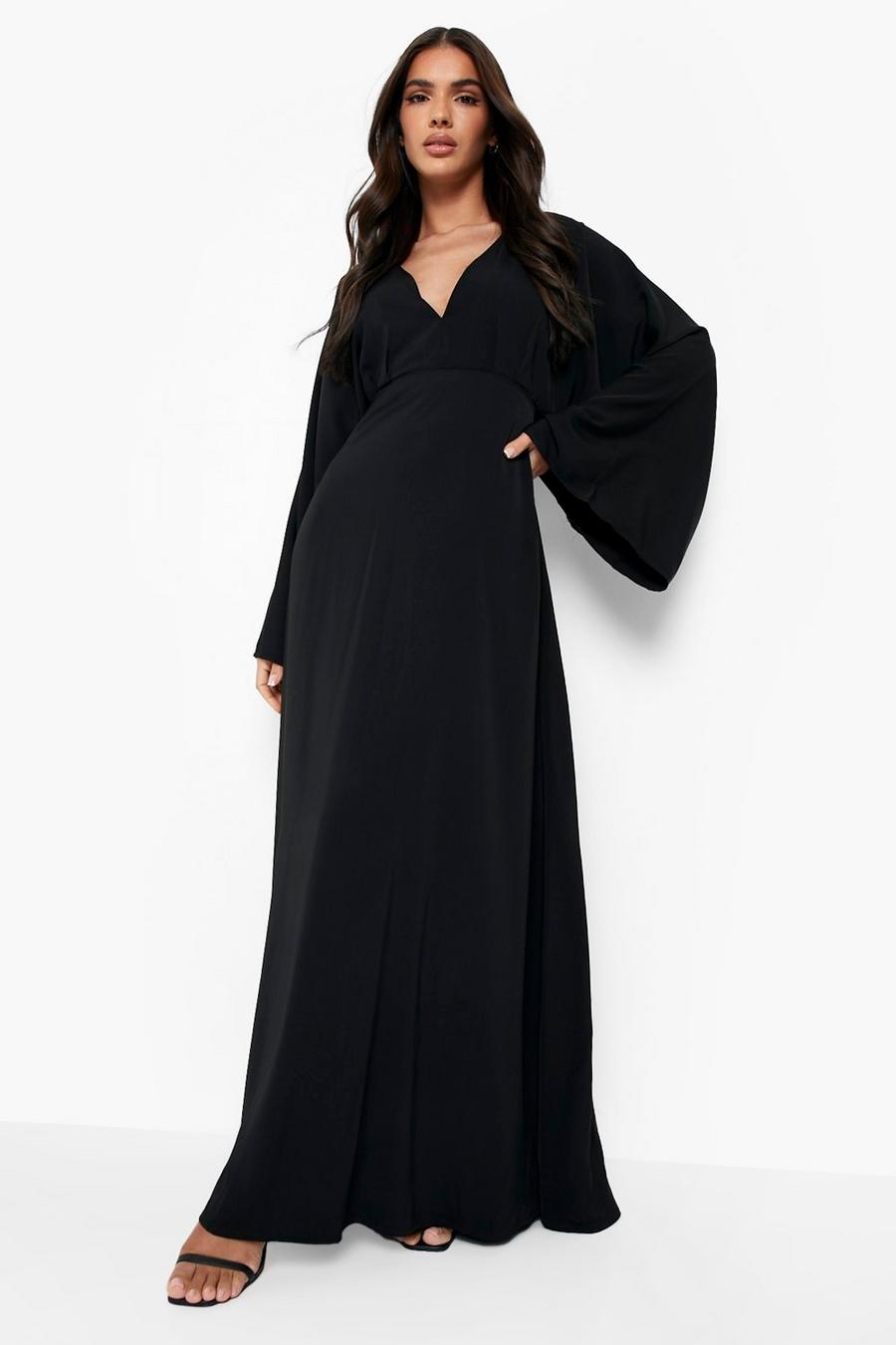 Black svart Plunge Wide Sleeve Maxi Dress