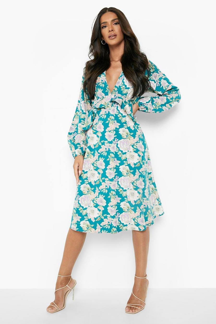 Teal Floral Ruffle Plunge Midi Dress image number 1