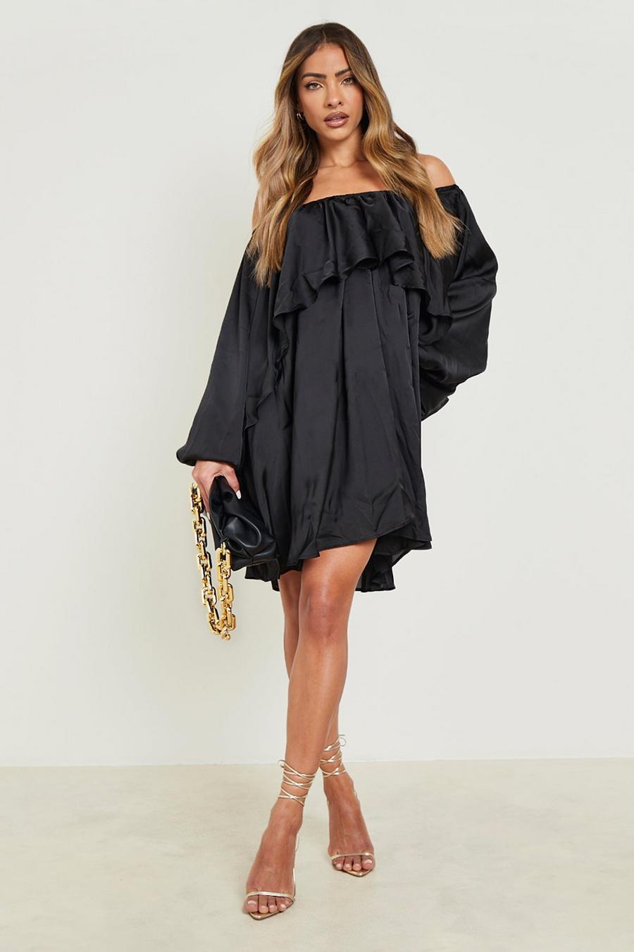Black Satin Bardot Blouson Sleeve Swing Dress
