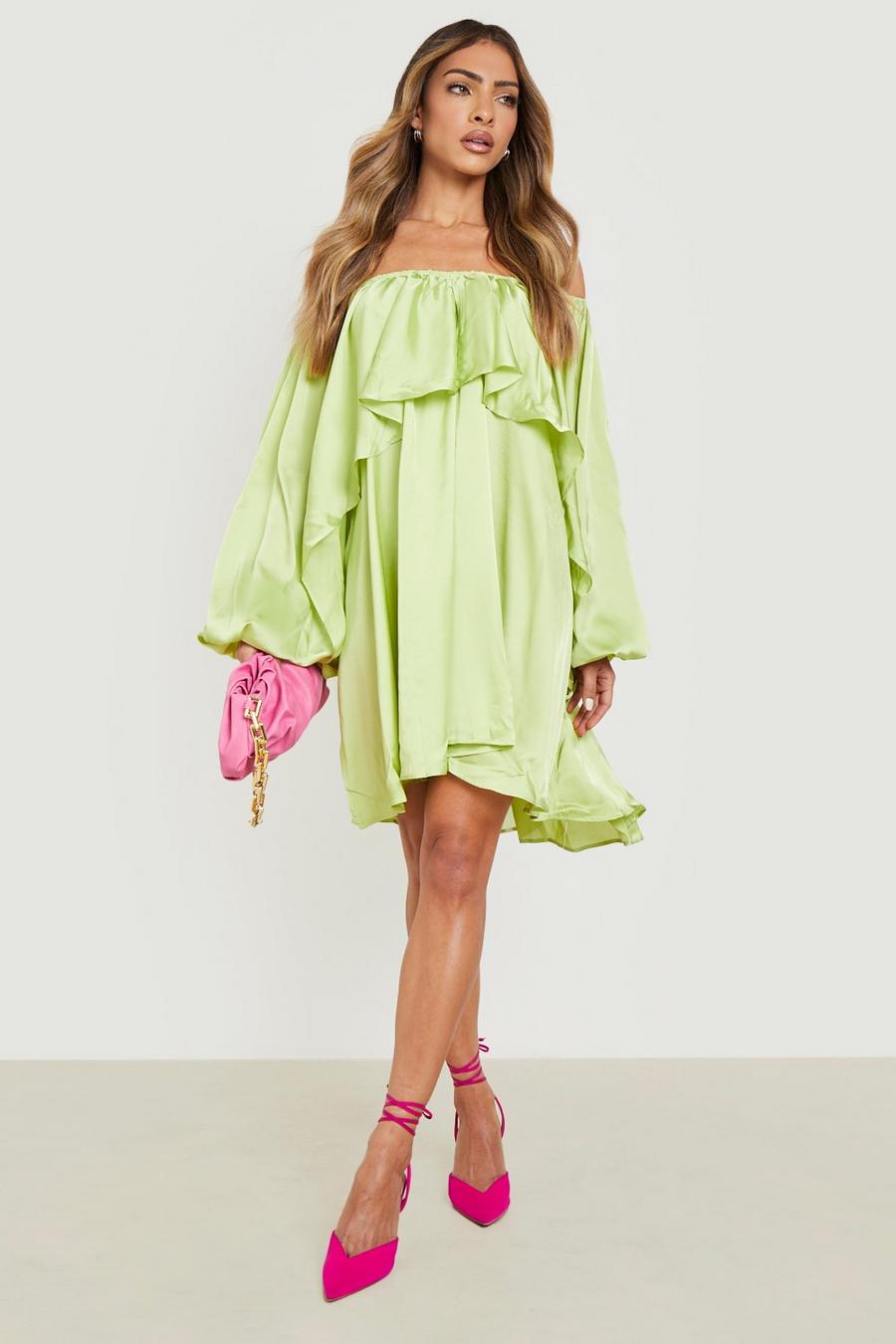 Lime green Satin Bardot Blouson Sleeve Swing Dress