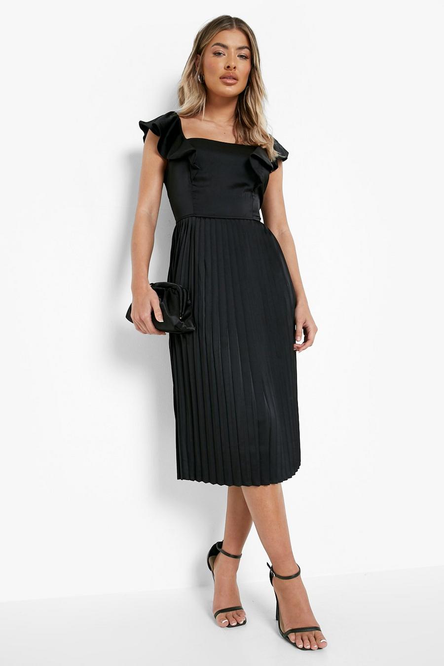 Black Pleated Frill Sleeve Midi Dress