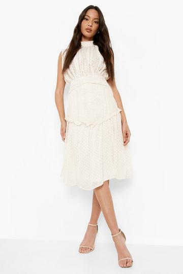 Dobby Pleat Detail Drop Hem Midi Dress ivory